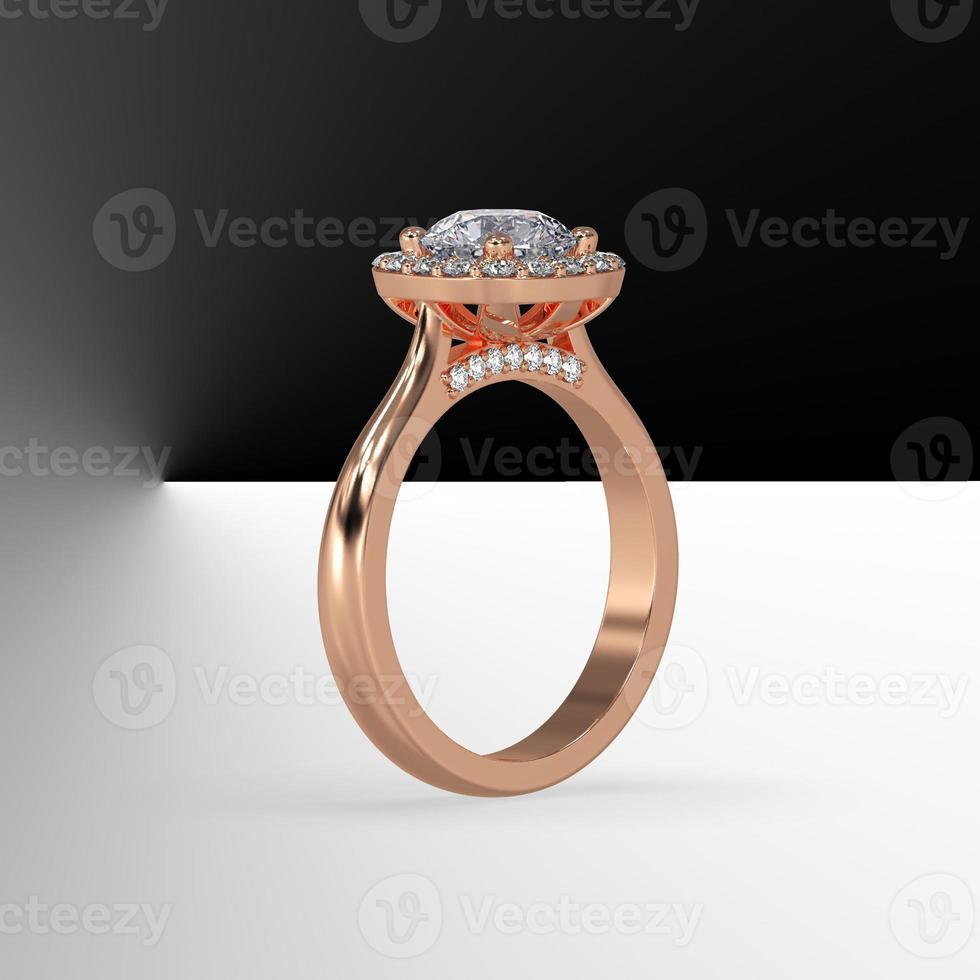 rose gold halo engagement ring with round center stone and plain shank cathedral style 3d render photo