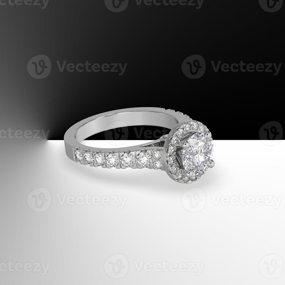 gold halo engagement ring with round center stone and side diamonds on shank 3d render photo