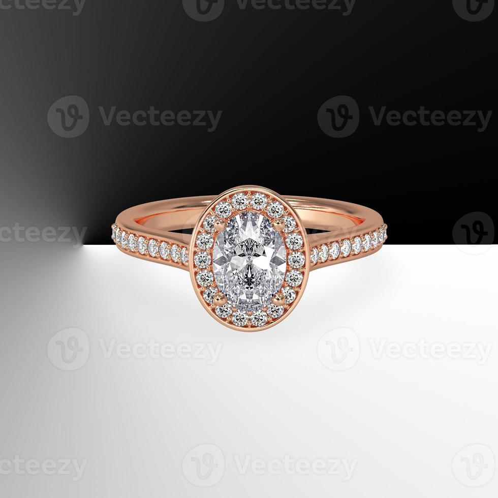oval diamond pave set halo with side pave set gems in rose gold 3d render photo