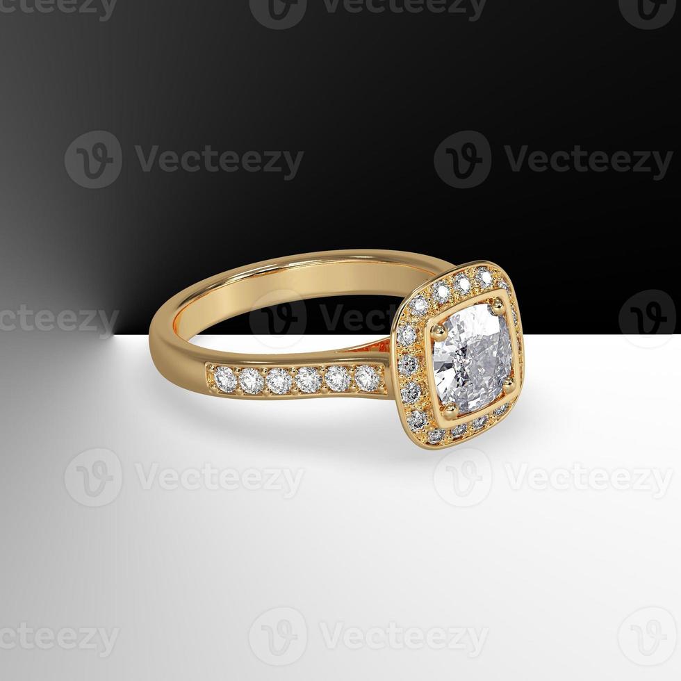cushion cut center diamond with cathedral shank pave set stones 3d render photo