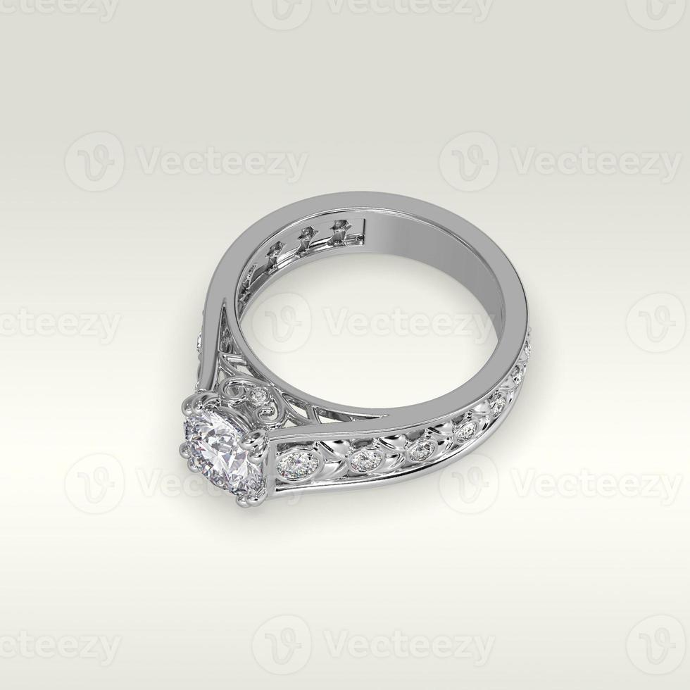 solitaire engagement ring laying down position in white gold 3D render photo