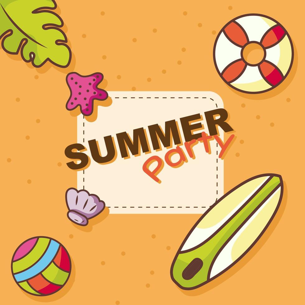 summer banner with beach background with buoys, surfboards, leaves, balls, starfish, shells hand draw style vector