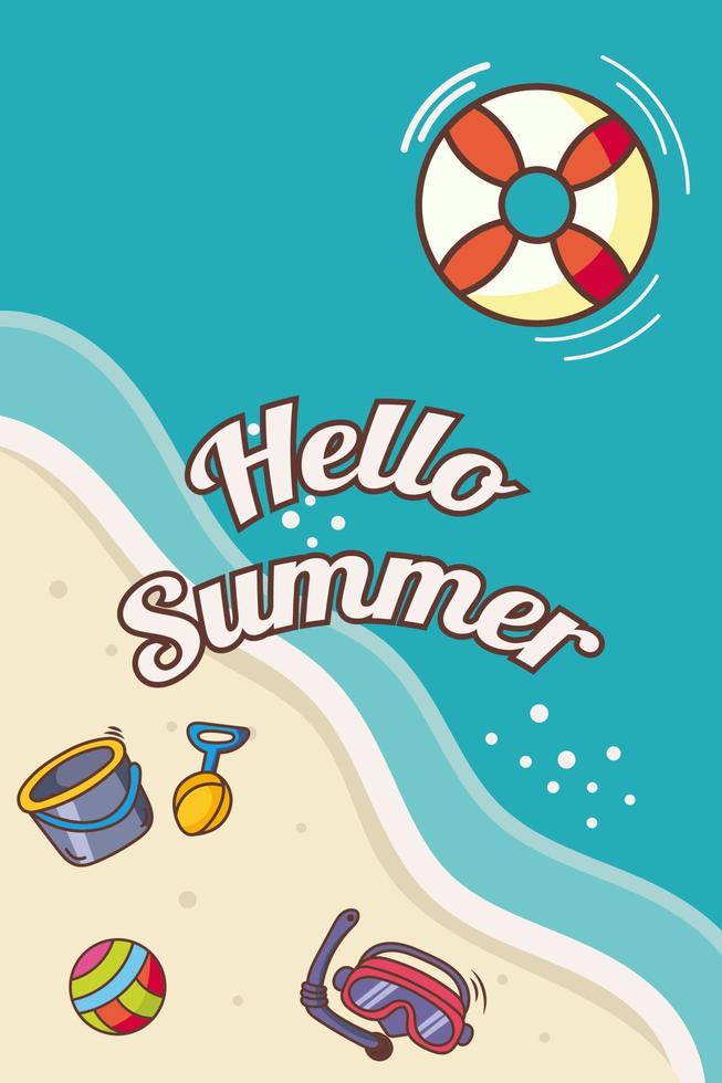 banner de verano con fondo de mar, playa, con boya de cubo de arena y estilo de dibujo a mano de pala vector