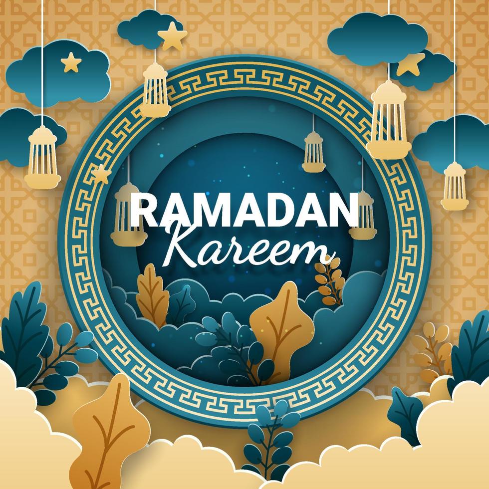 Ramadan kareem paper cut vector. Banner or poster with lantern, star and cloud ornament, suitable for  celebrating ramadan events. vector