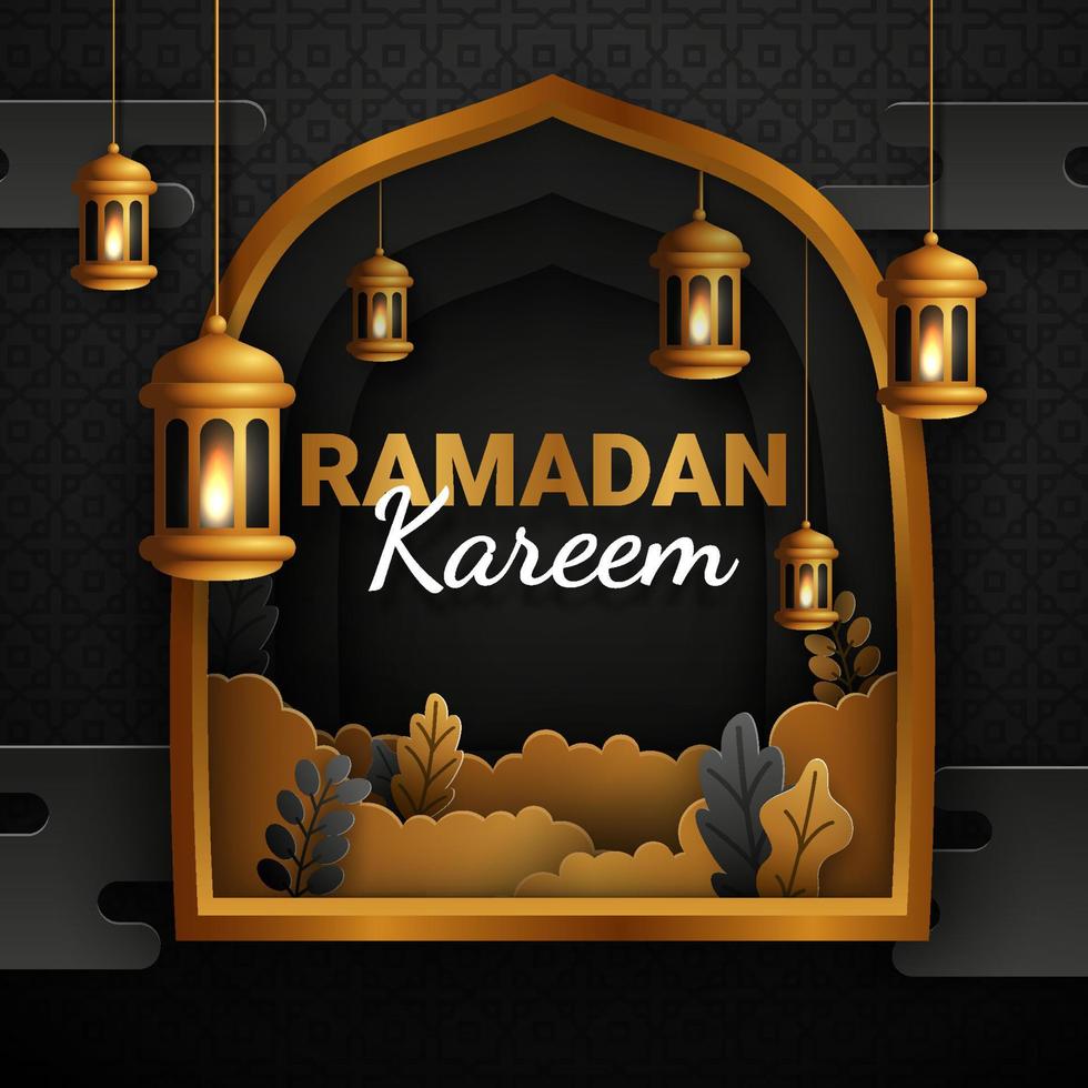 Ramadan kareem paper cut vector. Banner or poster with lantern and cloud ornament, suitable for  celebrating ramadan events. vector