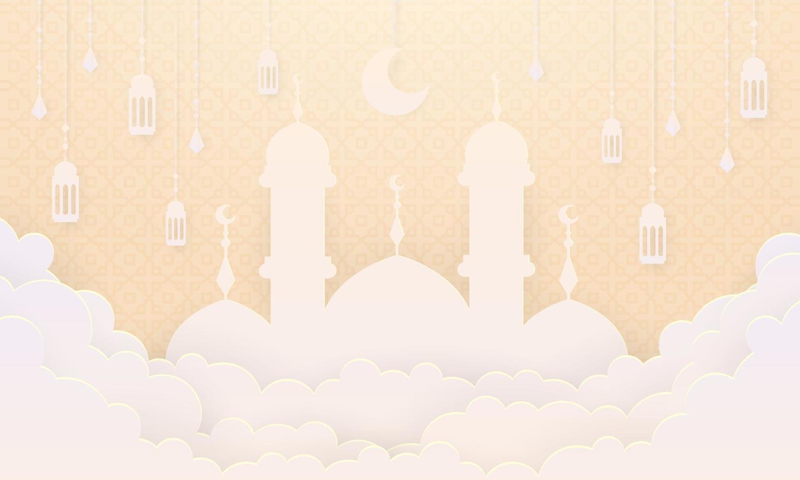 Ramadan kareem paper cut vector. Banner or poster with lantern and cloud ornament, suitable for  celebrating ramadan events. vector