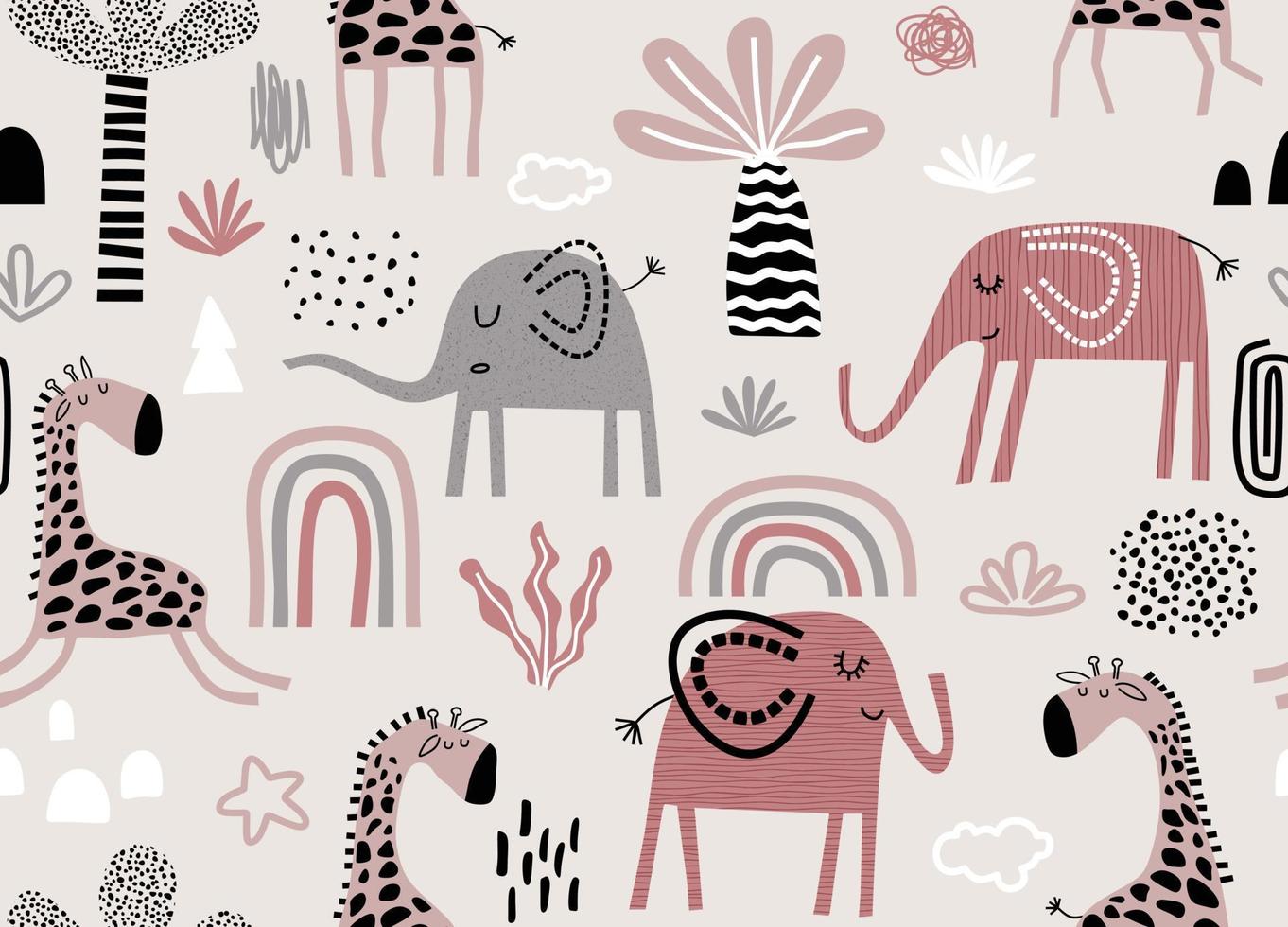 Colorful seamless pattern with cute  elephants and giraffes. vector