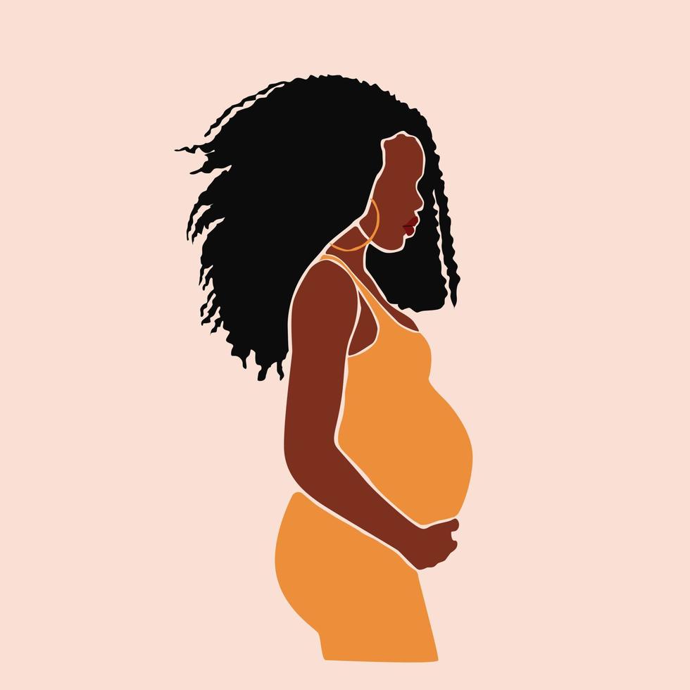 el embarazo. mujer embarazada de piel negra africana tocando su vientre. maternidad. feliz día de la madre. estilo de mosaico de corte de papel. mujeres bonitas con barriga. dibujado a mano vector ilustración abstracta contemporánea