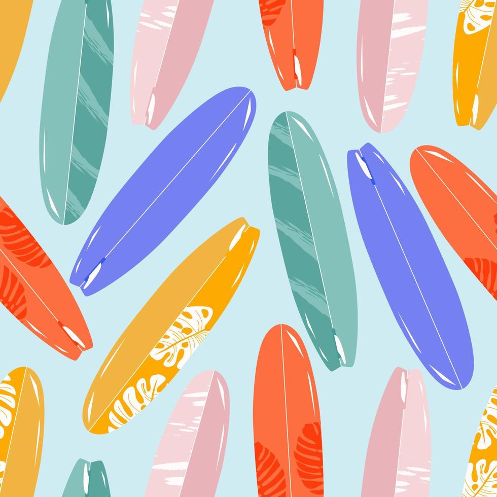 Standing cartoon surfboard, tropical design.Variety of surfing boards. Summer time.Summer sports and activities conceptual. Trendy design for web and print.Hand drawn flat vector seamless pattern.