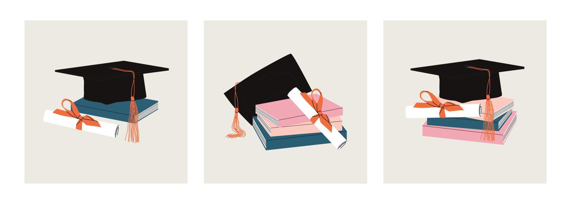 conjunto de gorro de graduación en la pila de libros con diploma vector