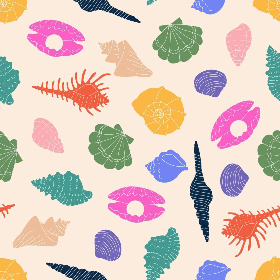 Colorful marine undersea elements. Hand drawn sea shell , colorful shells flat vector illustration. Cartoon clam, oyster and scallop shells, conches of mollusk and sea snail. Square seamless Pattern.
