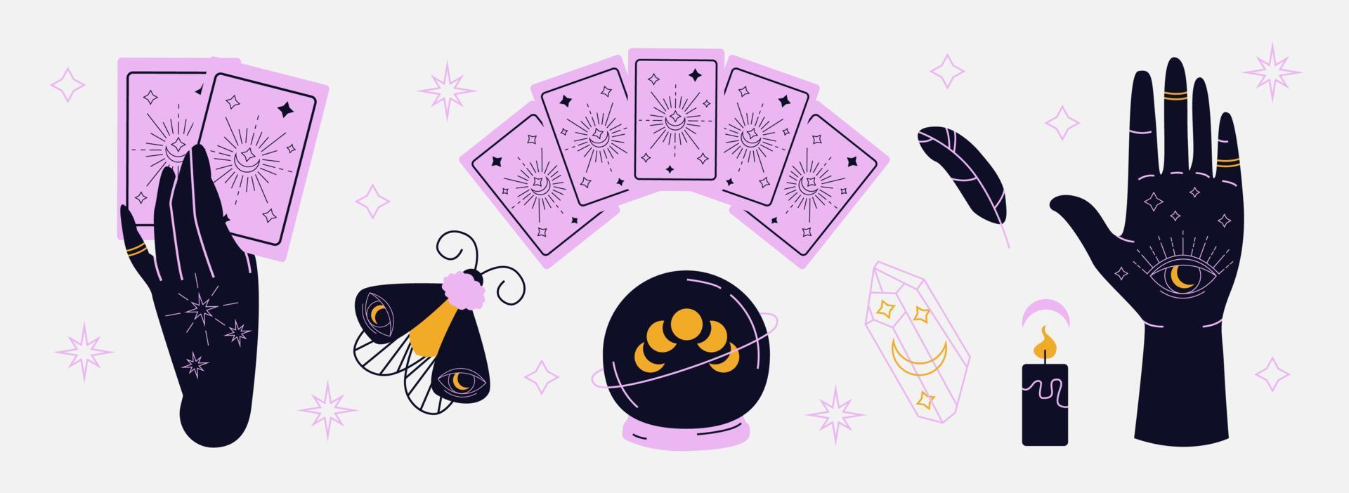 conjunto de quiromancia y hieromancia, brujería, conjunto de adivinos. Fases de la luna. ilustración vectorial plana dibujada a mano mágica. cartas del tarot, esfera de cristal, adivinación, velas, lectura de palmas. vector