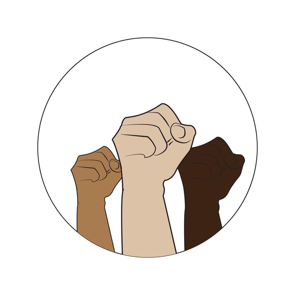 People of various nationalities and races raised their fists. Protest, stop racism, concept of equality. Fight for your rights. Human hands with clenched fists. Flat vector illustration