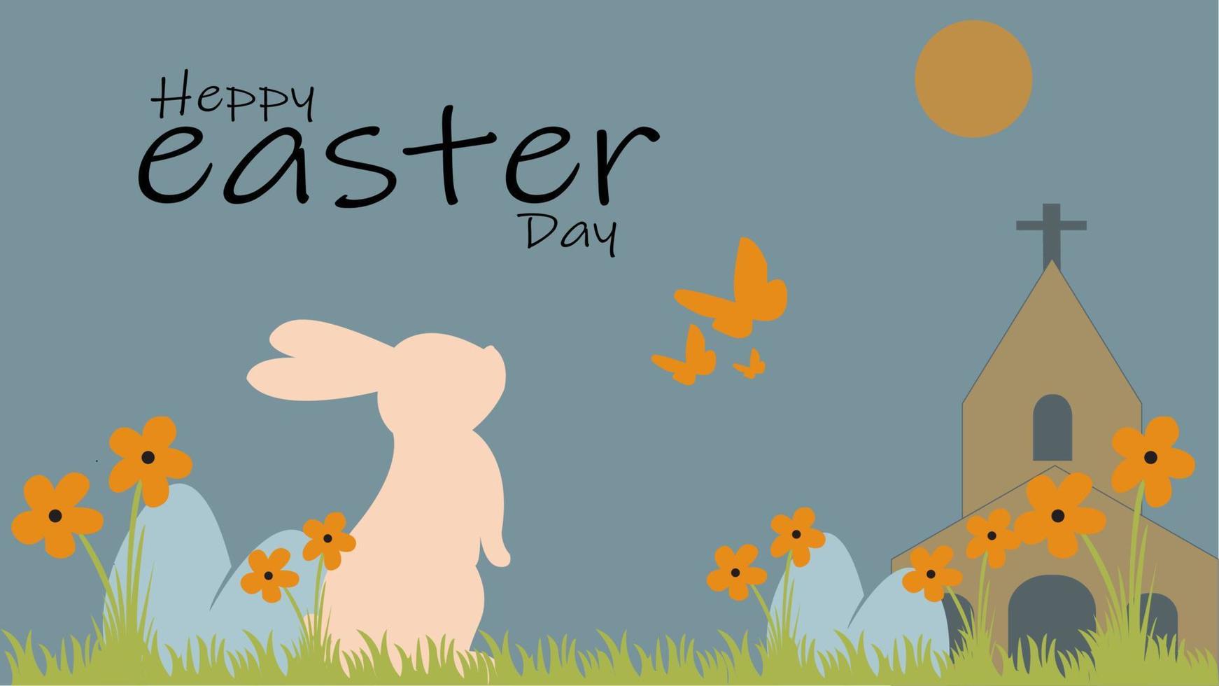 Easter background with silhouettes of church buildings, eggs, rabbits and butterflies. Simple easter horizontal background. vector