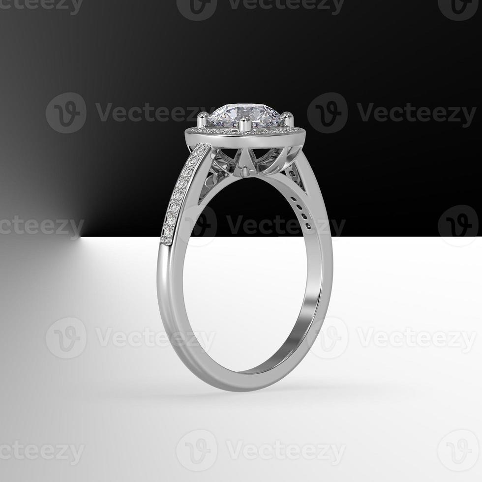 round diamond pave set halo with side pave set gems cathedral shank in white gold 3d render photo
