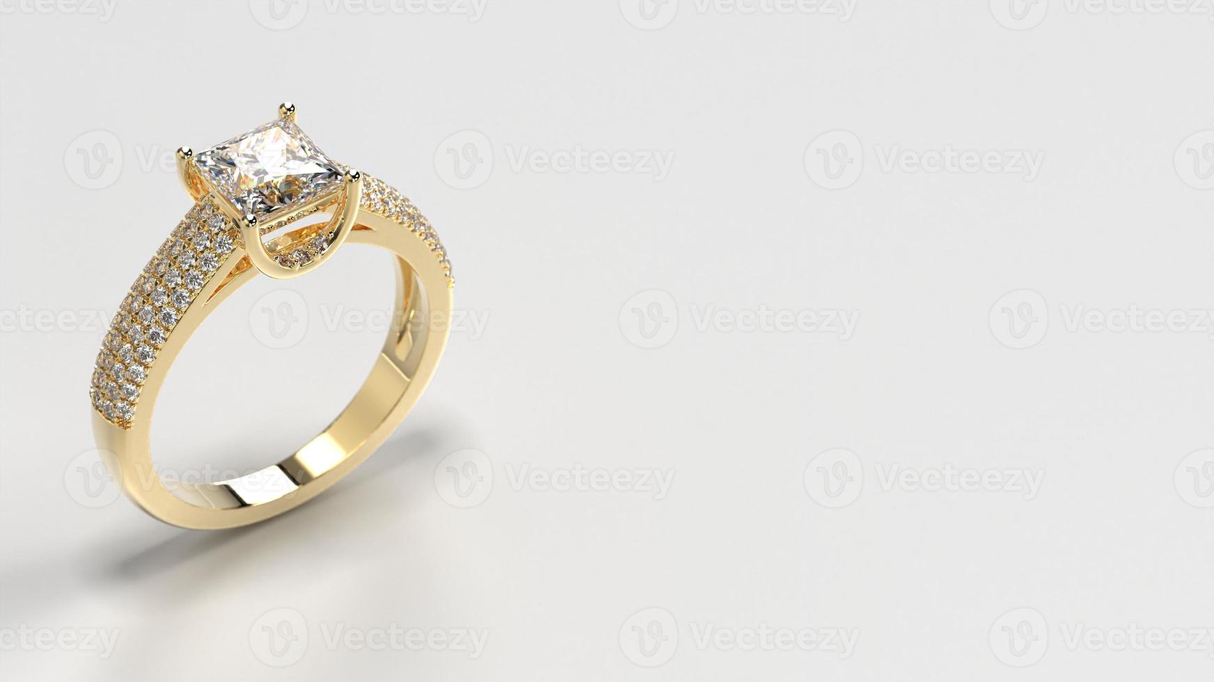 anillo de compromiso de oro amarillo princesa con piedras laterales de tres capas en el vástago en posición de pie, vista uno foto