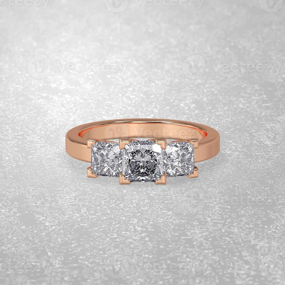 3 stone engagement ring laying down position in rose gold 3D render photo