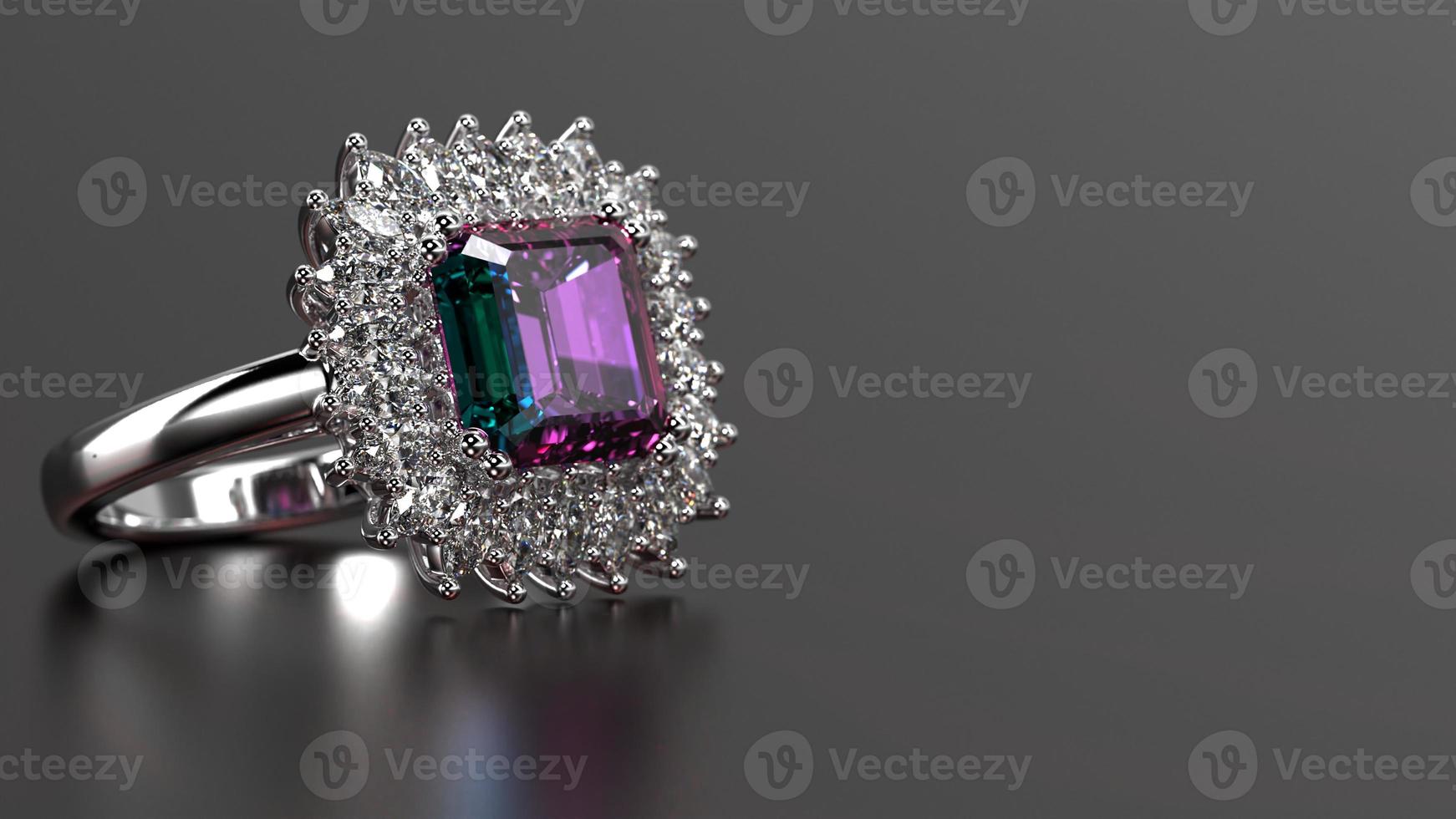 alexandrite emerald cut stone halo ring 3d render in white metal photo