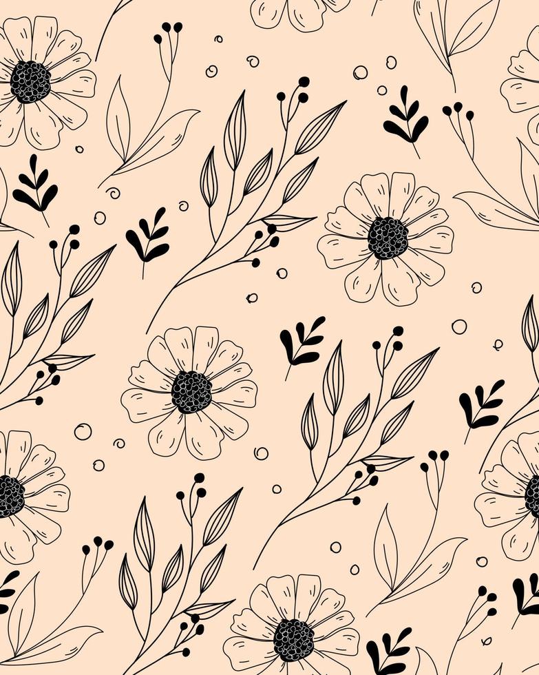 Pattern with flowers and twigs line art vector