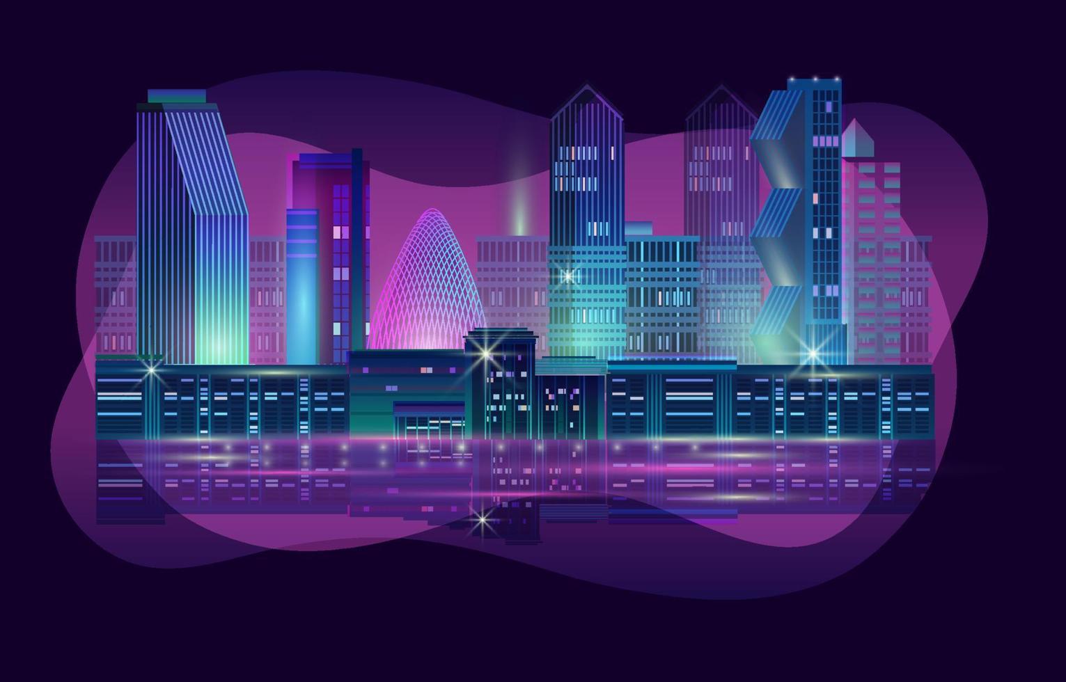 Night City Panorama with Neon Glow on Dark Background. Vector. vector