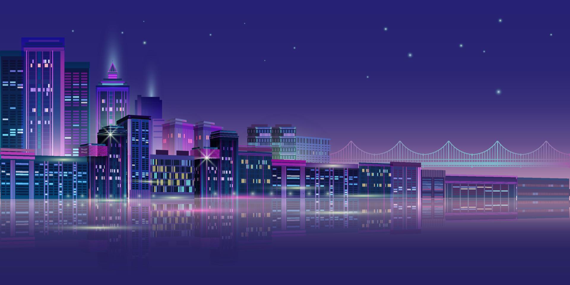 Night City Panorama with Neon Glow on Dark Background. Vector. vector