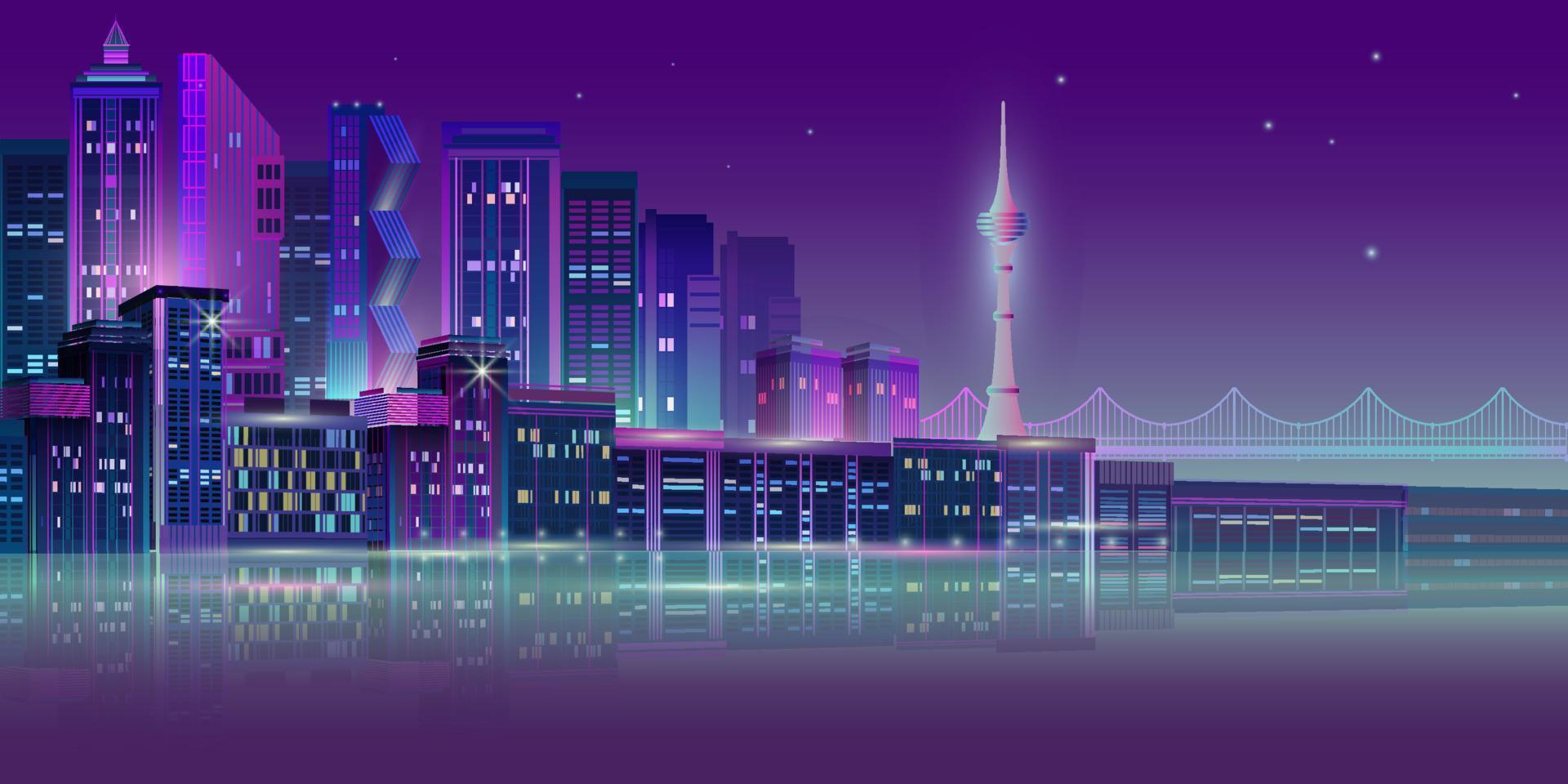 Night City Panorama with Neon Glow on Dark Background. Vector. vector