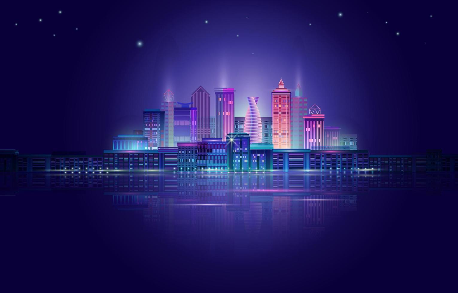 Night City Panorama with Neon Glow on Dark Background. Vector. vector