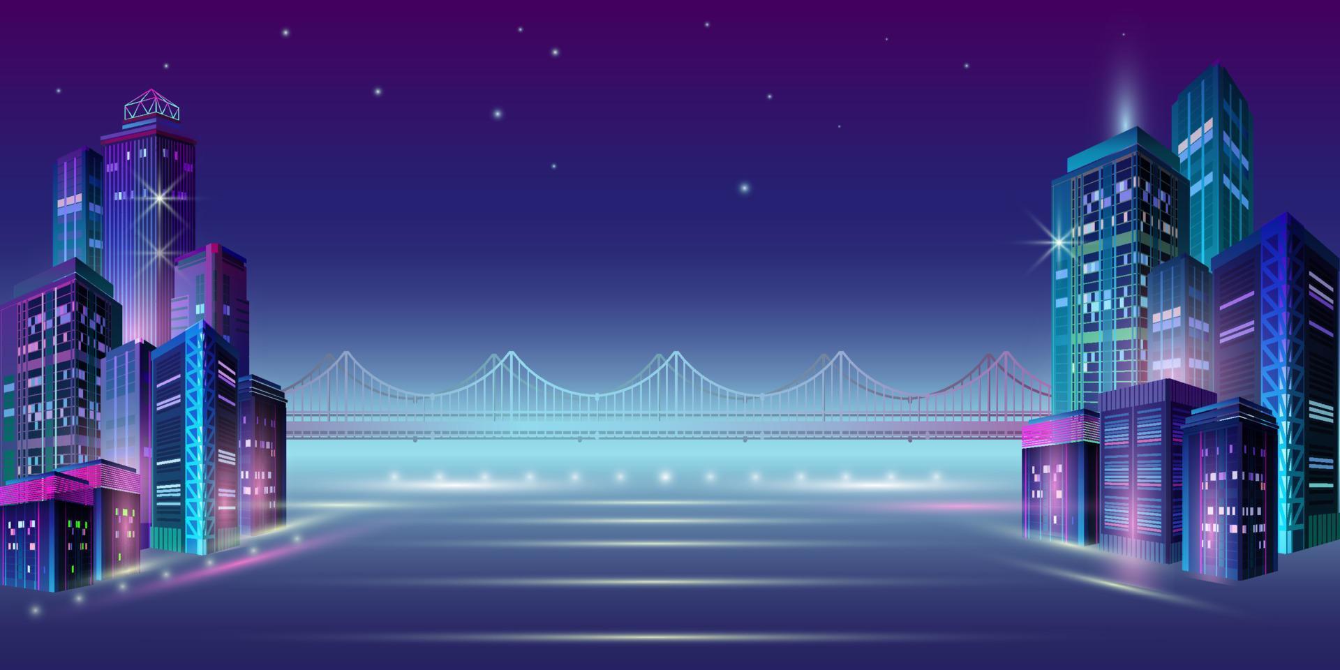 Night City Panorama with Neon Glow on Dark Background. Vector. vector