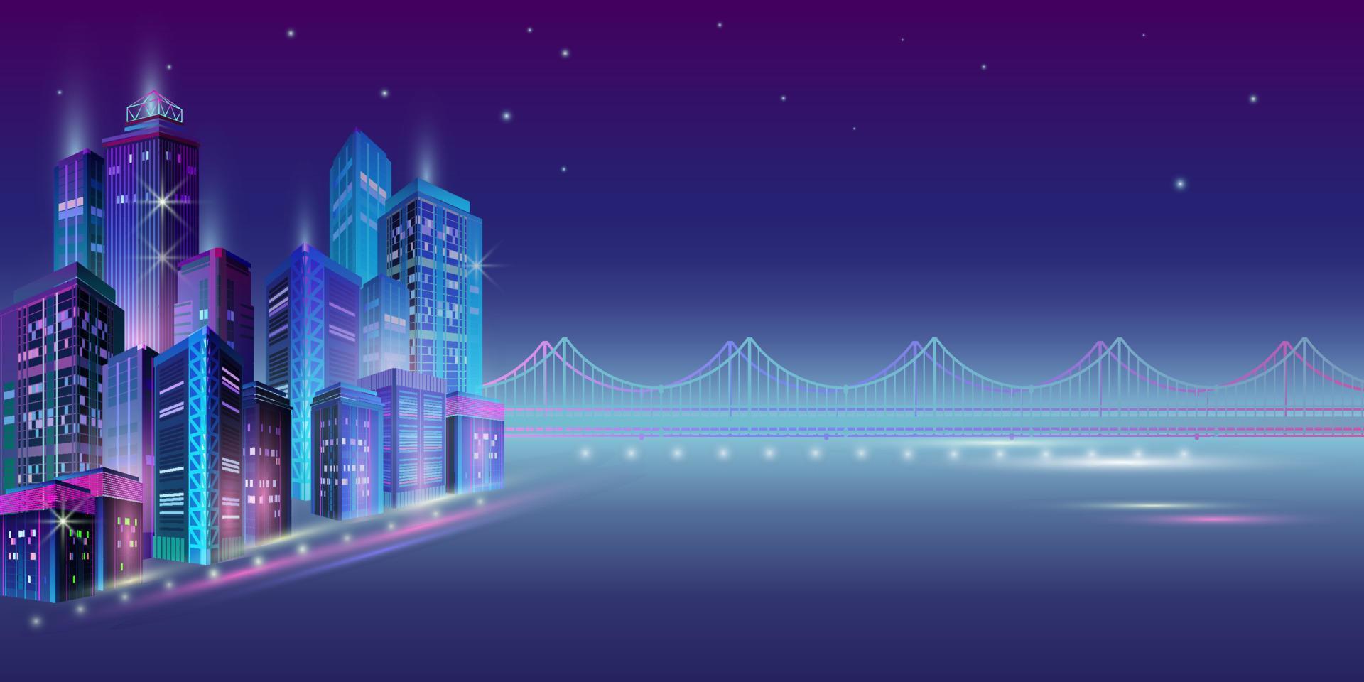 Night City Panorama with Neon Glow on Dark Background. Vector. vector