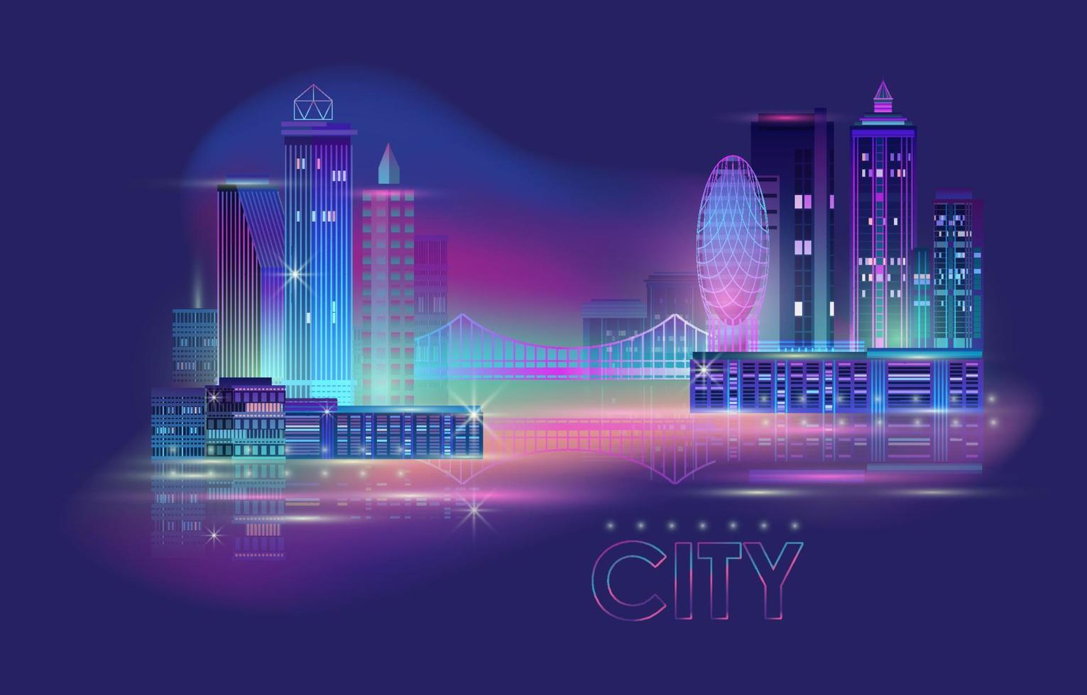 Night City Panorama with Neon Glow on Dark Background. Vector. vector