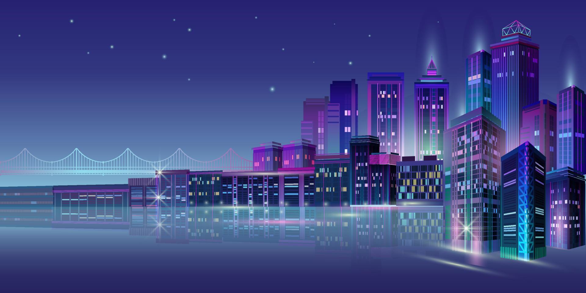 Night City Panorama with Neon Glow on Dark Background. Vector. vector