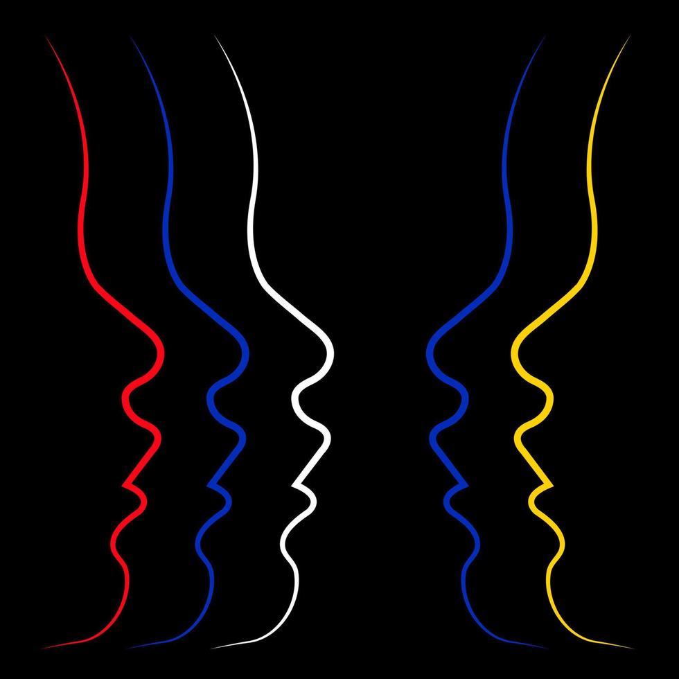 Sketch outline silhouette portrait of a man in profile in the form of flags of Russia and Ukraine. Collision concept vector