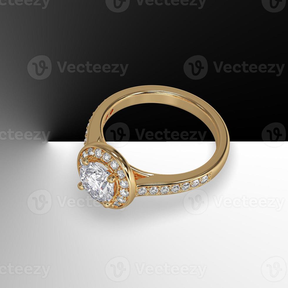 round diamond pave set halo with side pave set gems cathedral shank in yellow gold 3d render photo