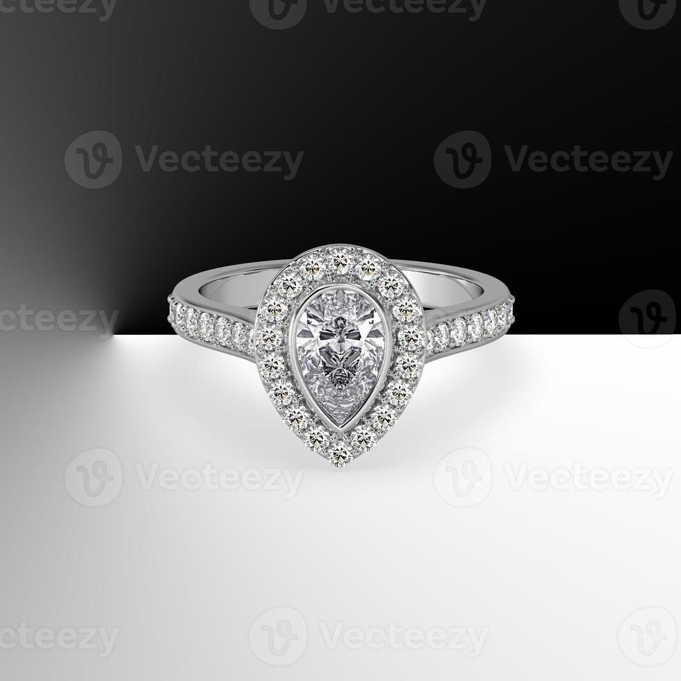 pear diamond bezel set cathedral style with side stones in white gold 3d render photo
