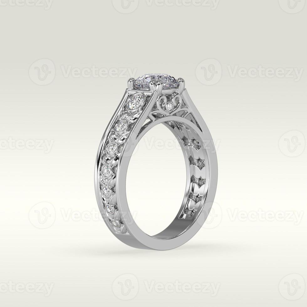 solitaire engagement ring standing position in metal gold 3D render photo