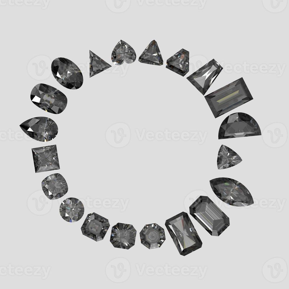 piedra de color diamante negro en todas las formas de gemas 3d render foto