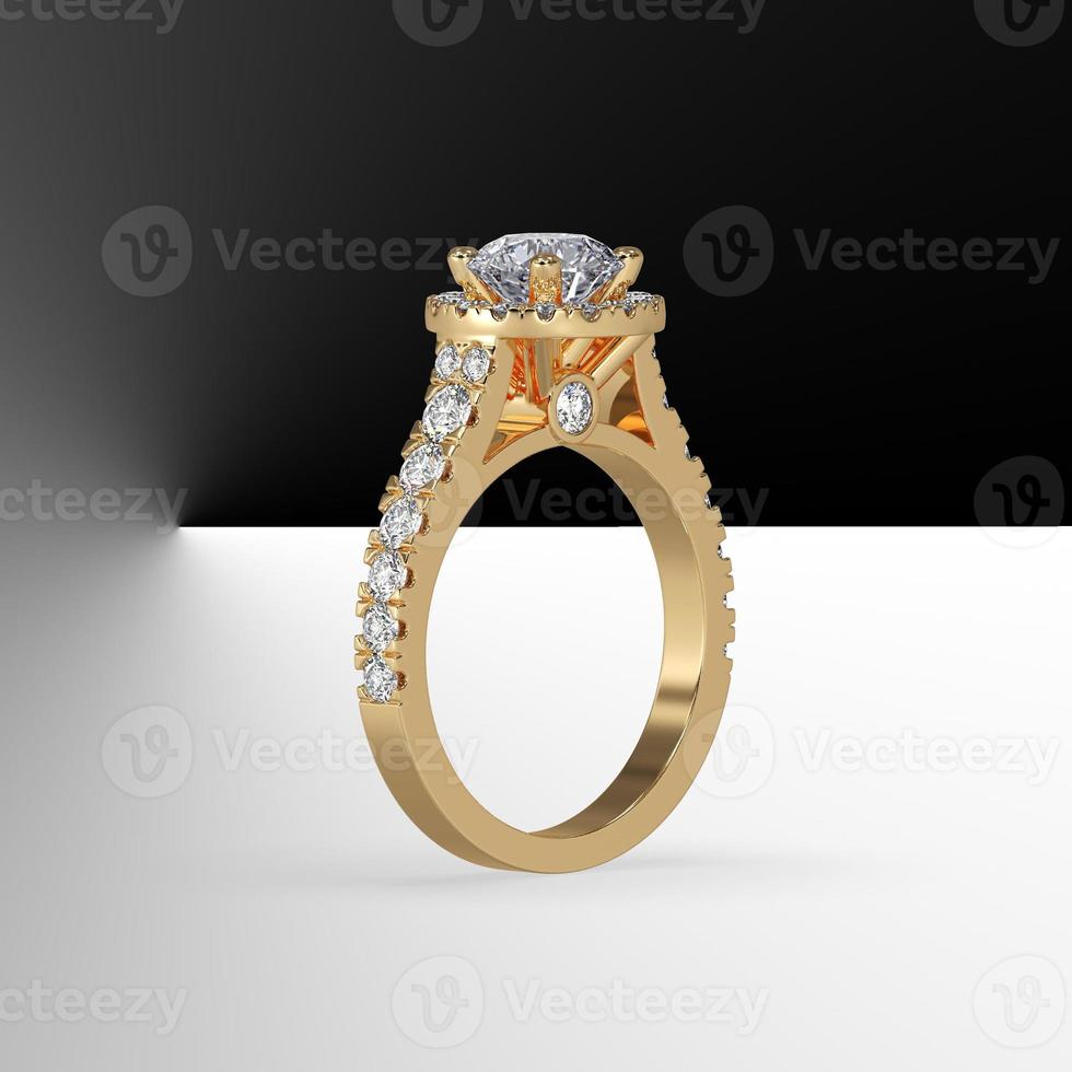 gold halo engagement ring with round center stone and side diamonds on shank 3d render photo