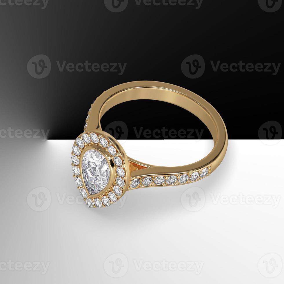 pear diamond bezel set cathedral style with side stones in yellow gold 3d render photo
