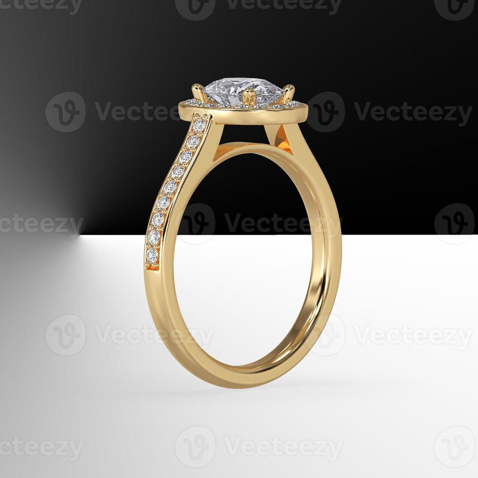 oval diamond pave set halo with side pave set gems in yellow gold 3d render photo