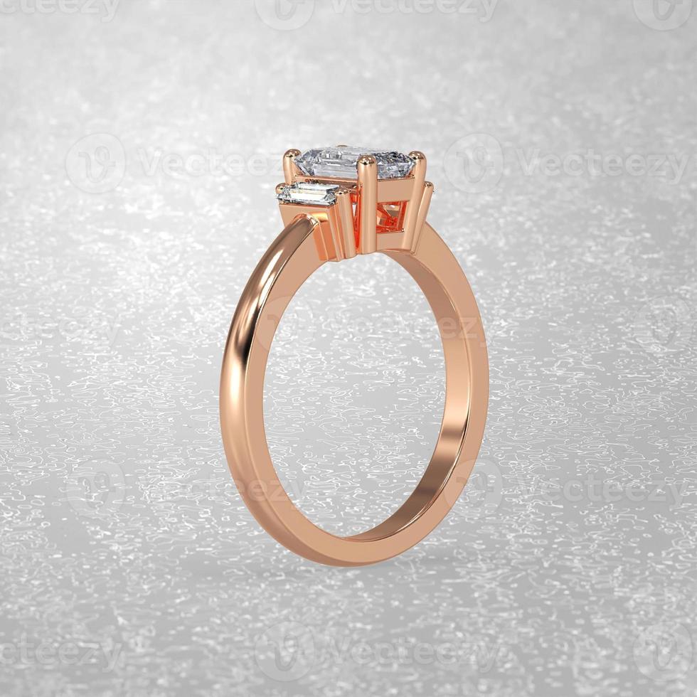 3 stone engagement ring standing position in rose gold 3D render photo