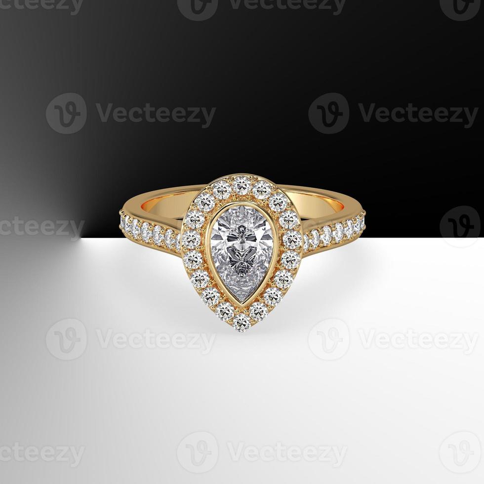 pear diamond bezel set cathedral style with side stones in yellow gold 3d render photo