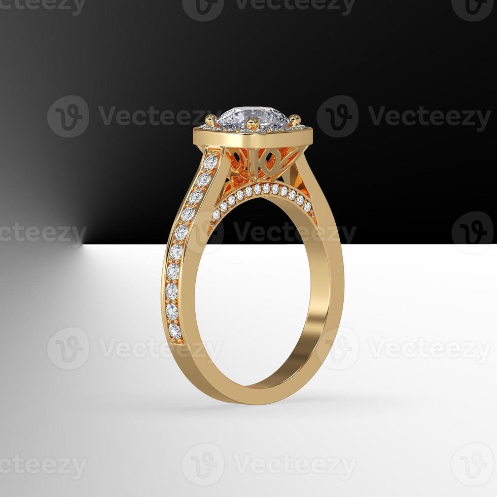 yellow gold halo engagement ring with round center stone and side diamonds on shank 3d render photo