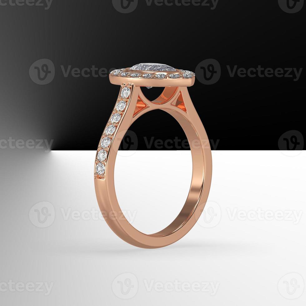pear diamond bezel set cathedral style with side stones in rose gold 3d render photo