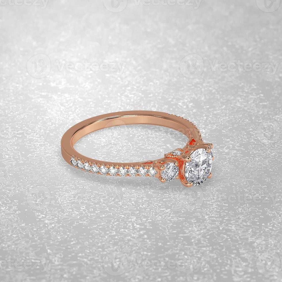 3 stone engagement ring laying down position in rose gold 3D render photo