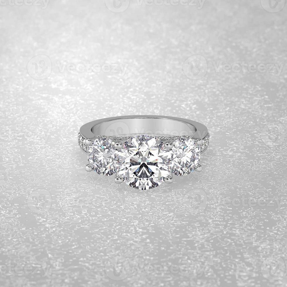 3 stone engagement ring laying down position in white gold 3D render photo