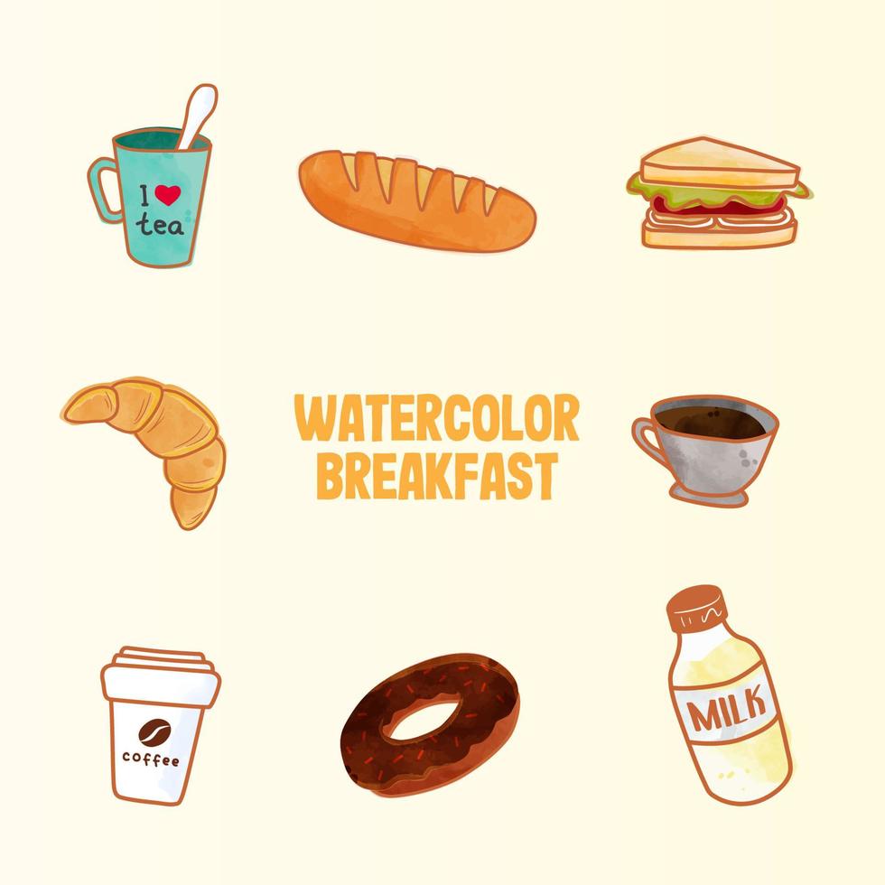 vector de ilustración de doodle de desayuno de acuarela