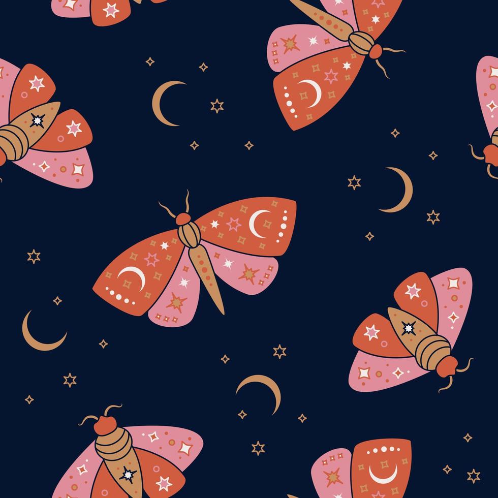 Celestial seamless pattern. Magic butterfly and luna with stars. vector