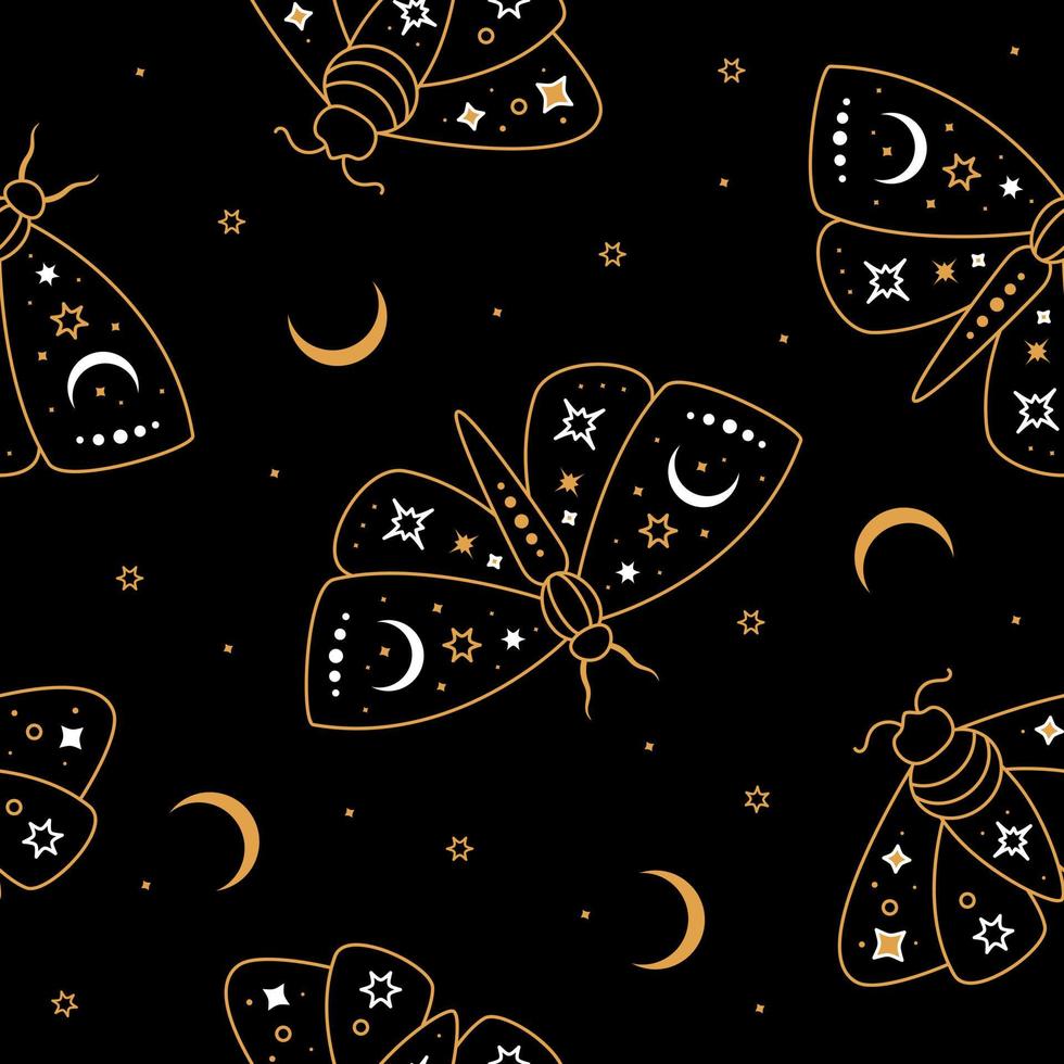 Vector seamless pattern. Celestial gold outline butterfly and moon with stars.
