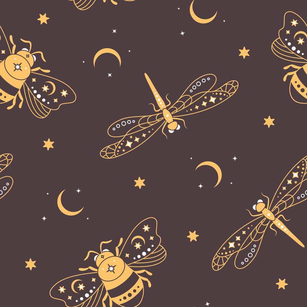 Seamless pattern with gold mystical bees and dragonflies. vector