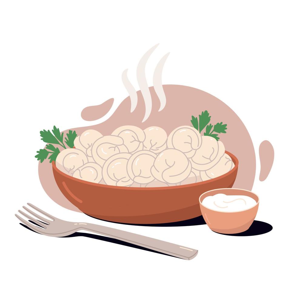 Hot dumplings in bowl with fork, sour cream and parsley. vector